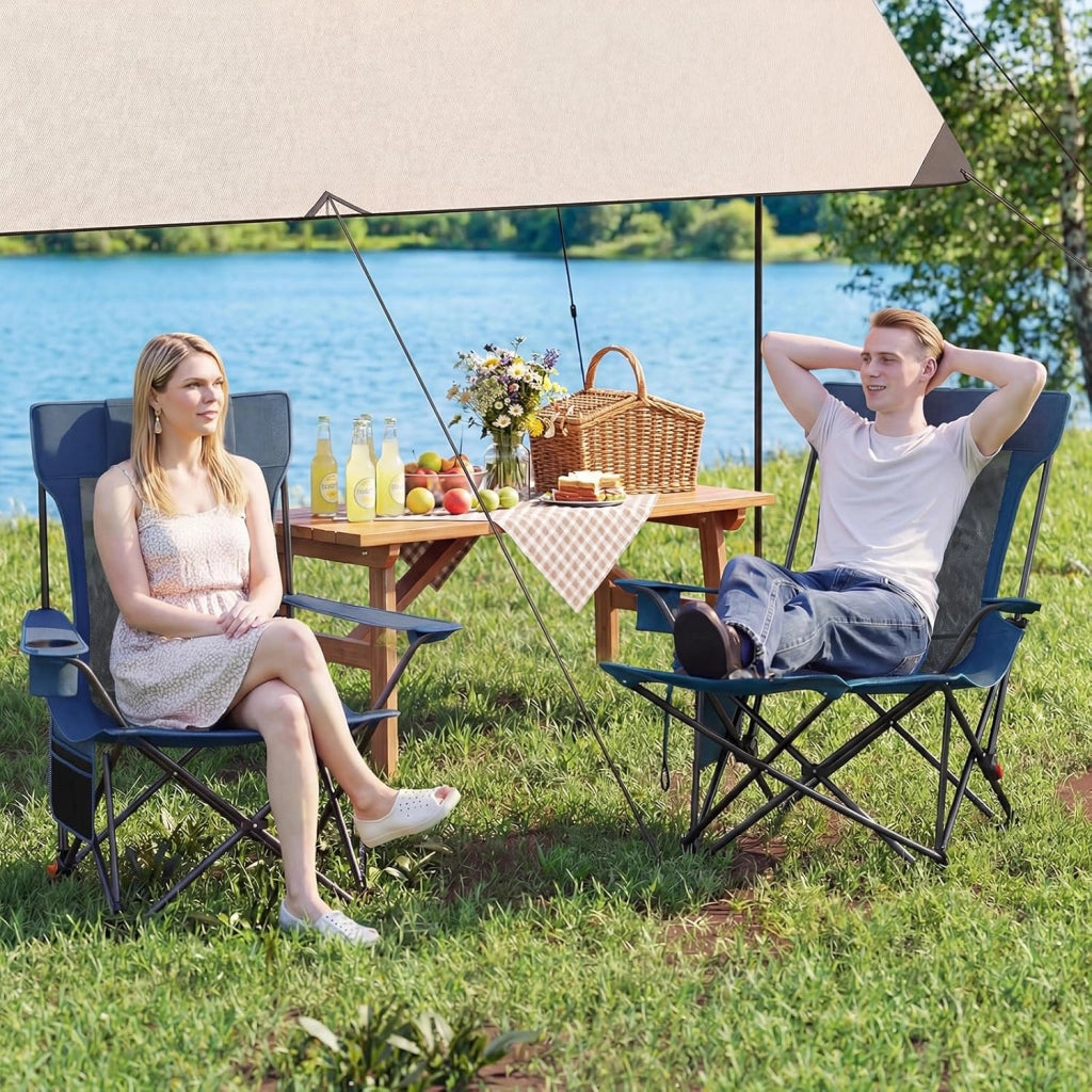 Sedia da Campeggio con Poggiapiedi Rimovibile, Poltrona Pieghevole con Schinale Reclinabile, Braccioli e Portabicchieri, Portata 150 kg, Sdraio in Testtuto Oxford per Giardino Spiaggia (Blu)