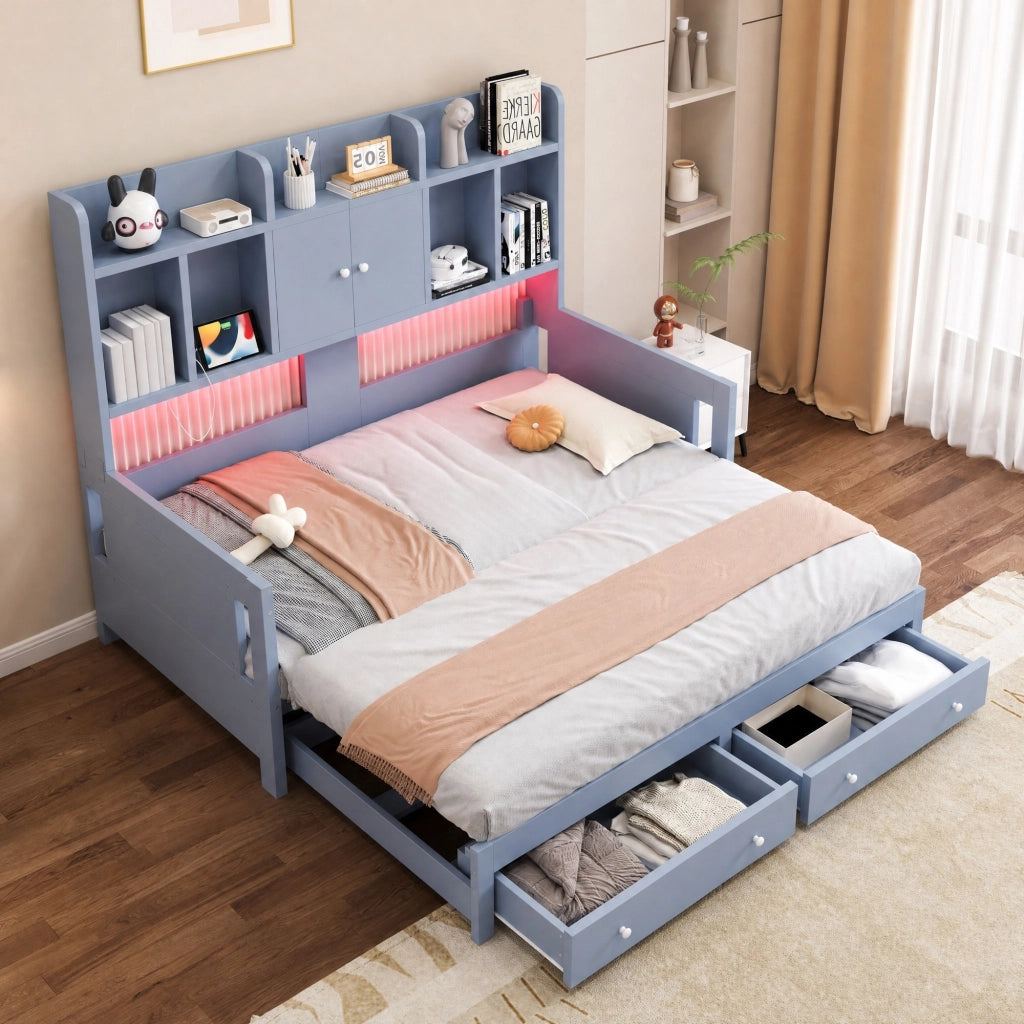 Divano letto estraibile in legno con cassetti; LED e presa; grigio; 90x190 cm