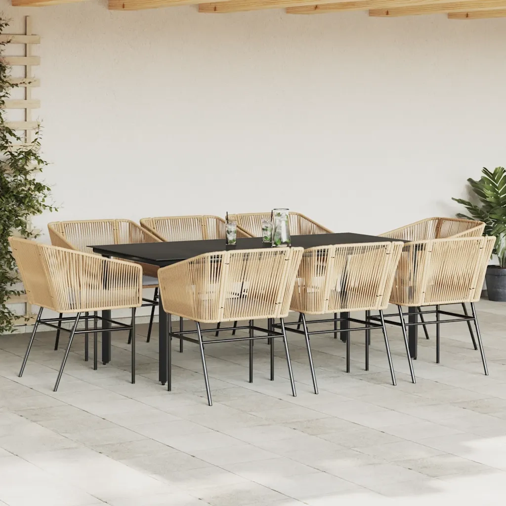 Set da Pranzo da Giardino 9 pz con Cuscini Polyrattan Vetro