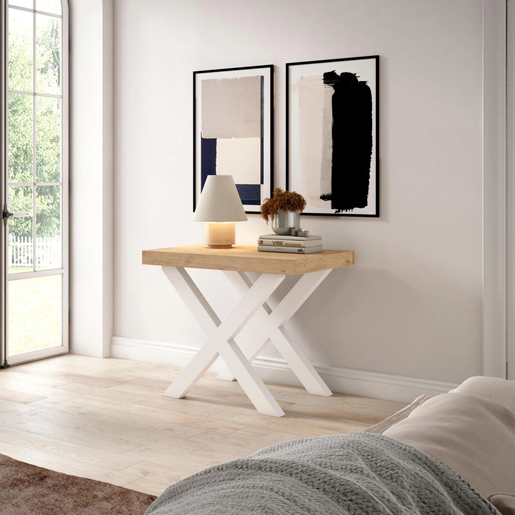 Consolle allungabile, 58 fino 262x90x73cm, Per 12 persone, Gambe in legno, colore Rovere RF2812