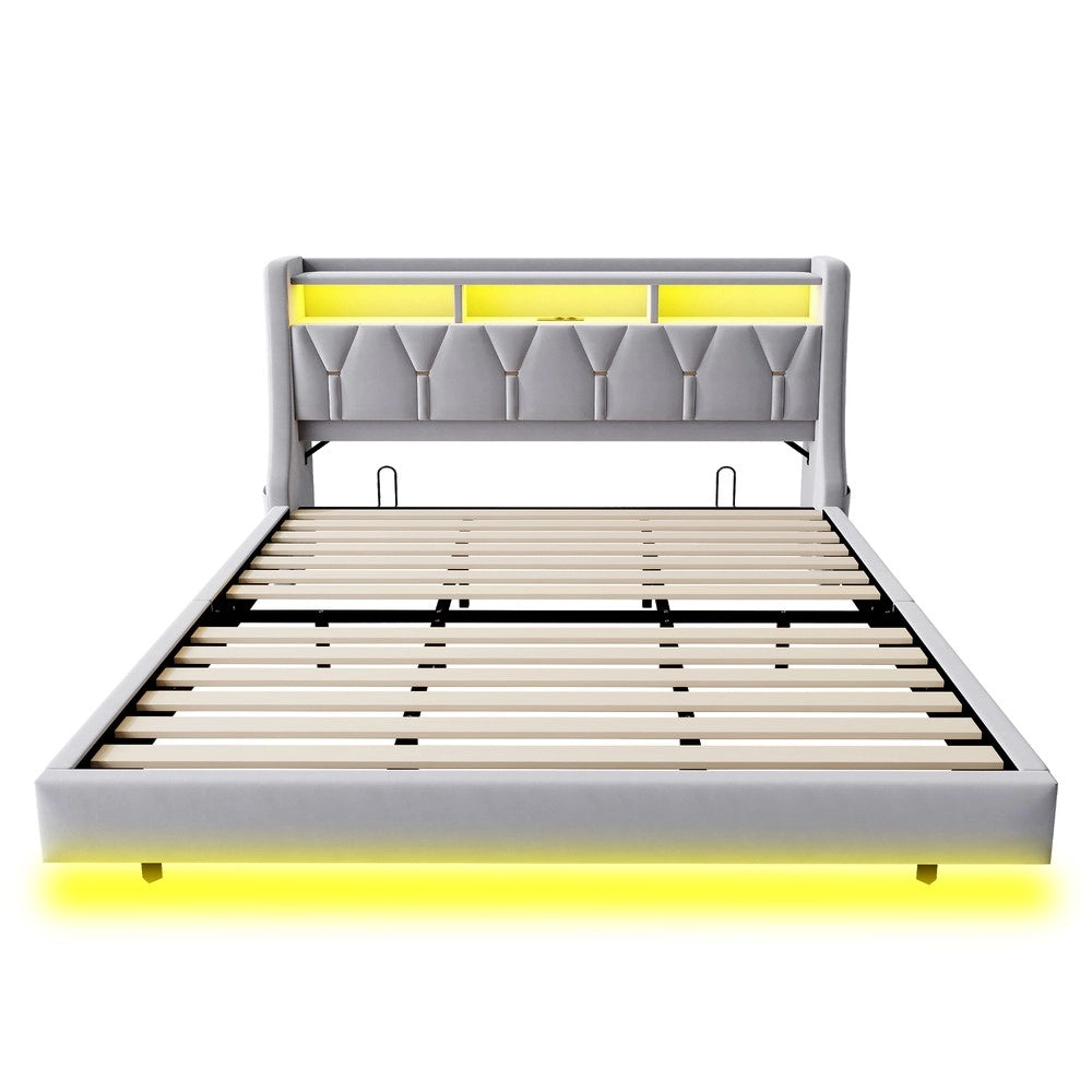 Letto Imbottito 180x200 con LED e Testiera Ribaltabile ¨C MINIMAL ¨C Velluto Grigio Chiaro