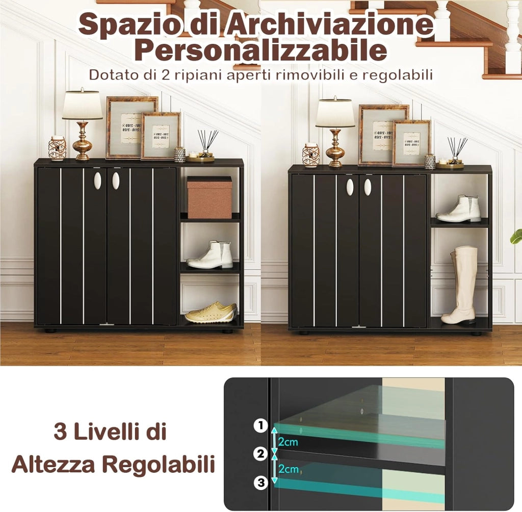Mobiletto per Scarpe con Ante, Scaffale Porta Scarpe a 3 Ripiani con Mensole Regolabili, Organizzatore in Legno per Ingresso, Corridoio e Soggiorno, 80x31x64,5 cm (Nero)