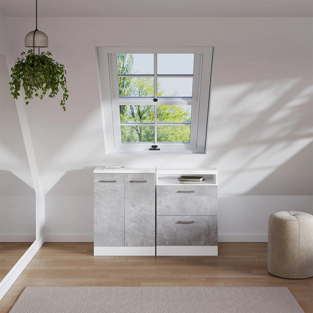 Set di mobili sottotetto Rion Calcestruzzo/Bianco 120 cm Set di 2 carcasse armadio profondità 60 cm Vicco