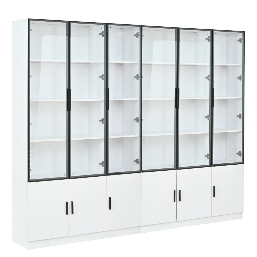Vetrina alta con 12 ante in vetro e LED, 240x32x200 cm, armadio multifunzione in MDF bianco