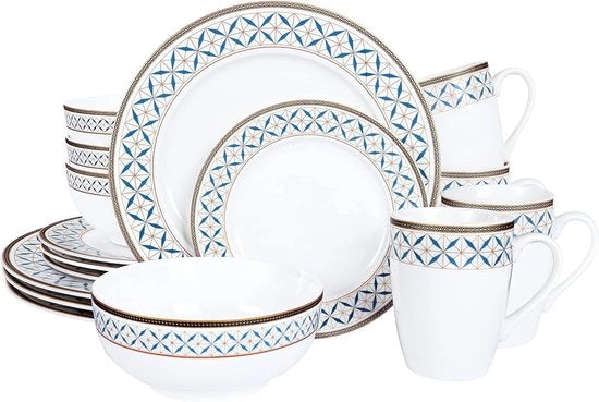 Servizio da tavola completo in ceramica, 16 pezzi, per 4 persone, disegno geometrico moderno, piatti, ciotole, tazze, bordo in oro nero
