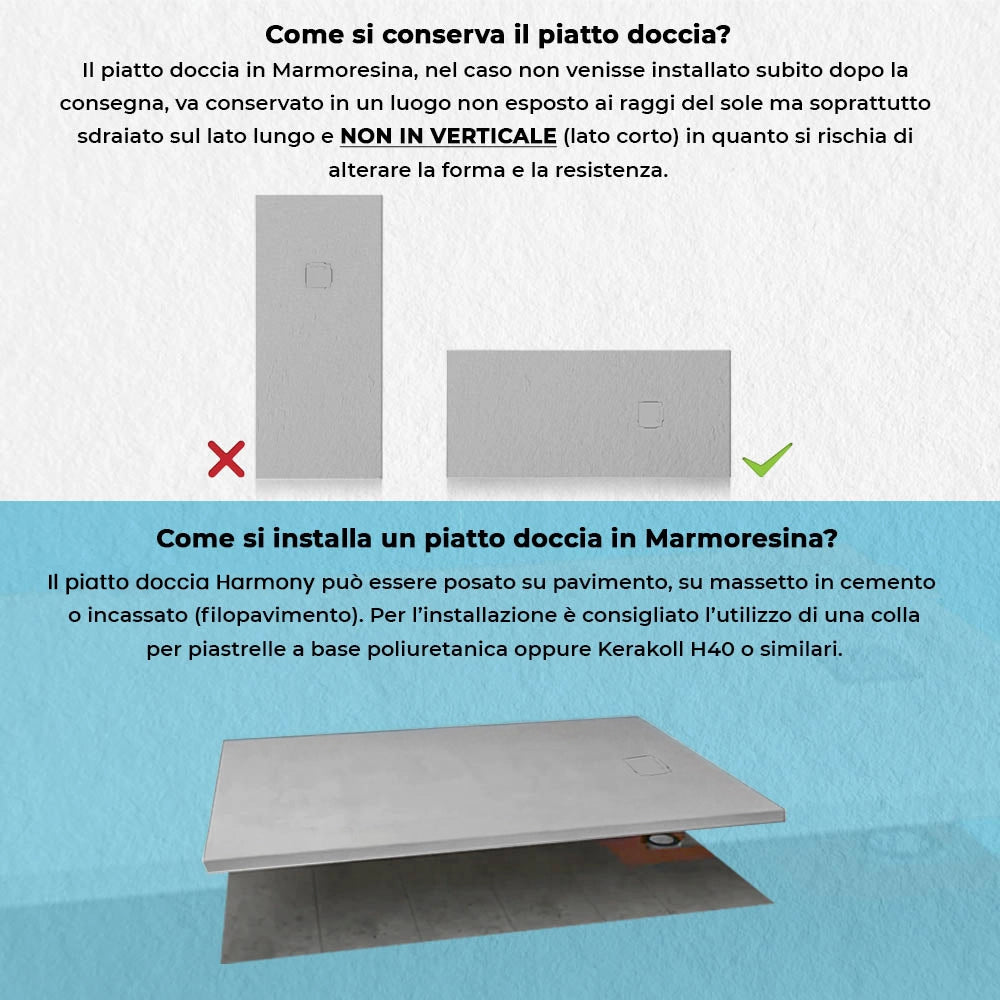 Piatto doccia 100x160cm in resina cemento con griglia in acciaio inox Harmony