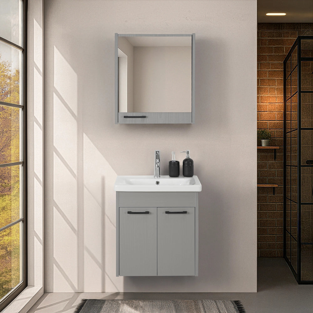 Mobile bagno sospeso 55 cm grigio chiaro effetto legno con armadietto a specchio Sofia