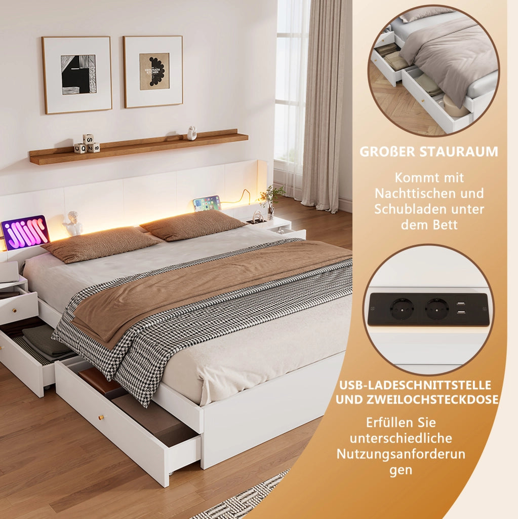 Letto matrimoniale 180x200 cm in MDF bianco con USB; LED APP; 2 comodini e cassetti