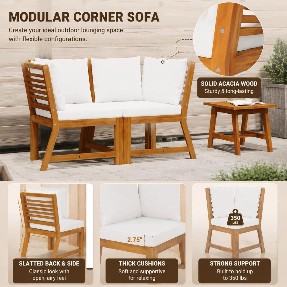 Modular Corner Sofa With Cream-white Cushions, Solid Acacia Wood