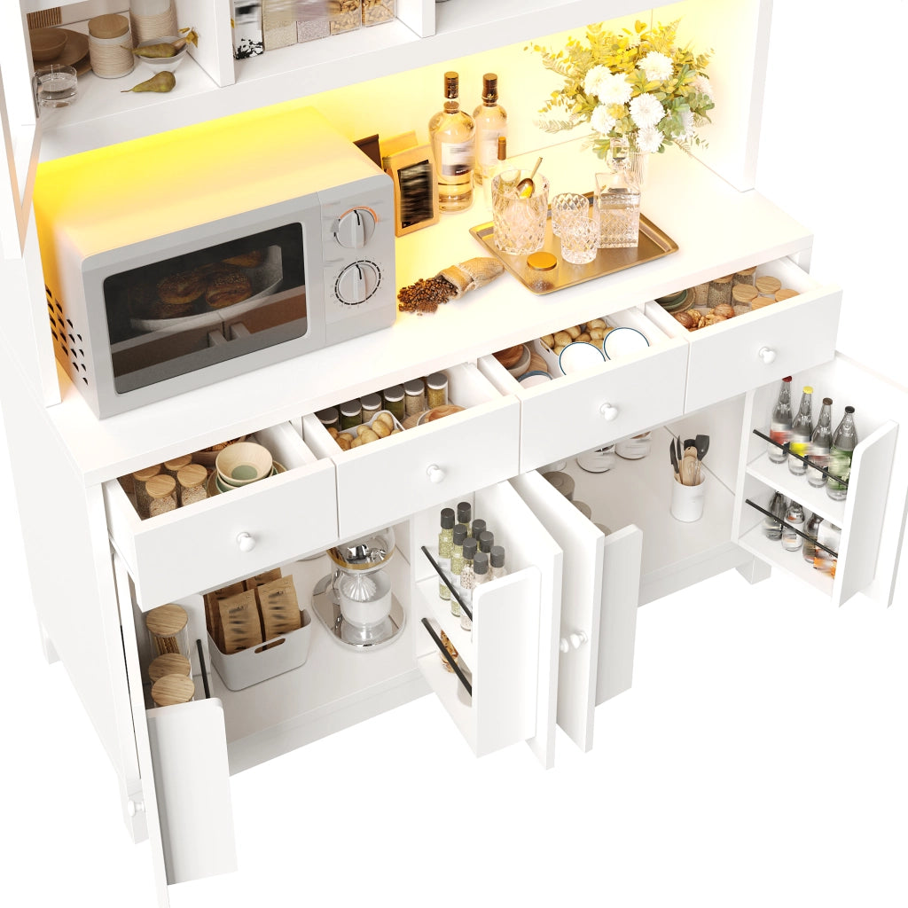 Credenza alta con LED RGB e ante in vetro 4 cassetti ripiani regolabili in MDF bianco 140 × 38,5 × 180 cm