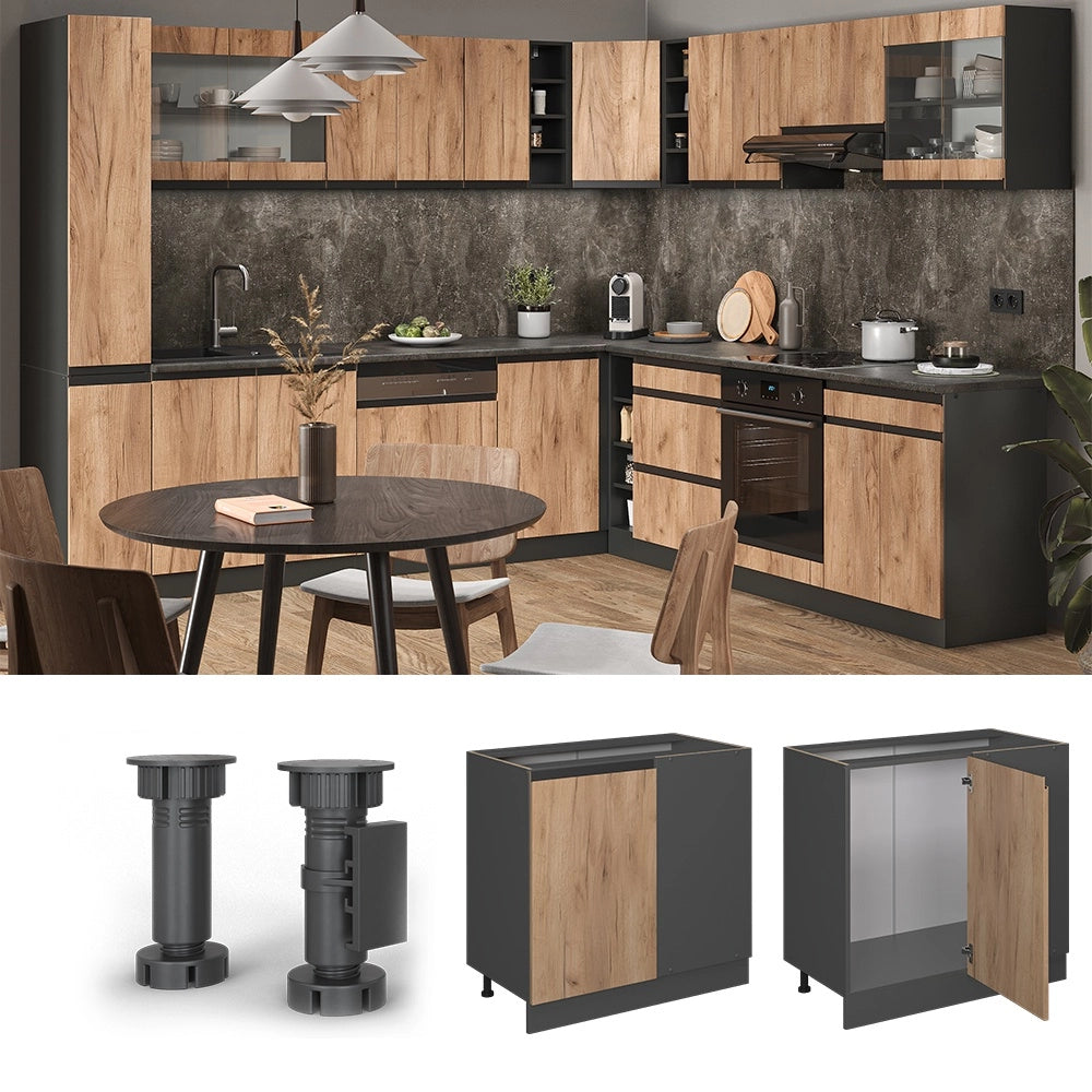 Mobile ad angolo cucina R-Line Rovere dorato/Antracite 86 cm Forma a J, senza piano di lavoro Vicco
