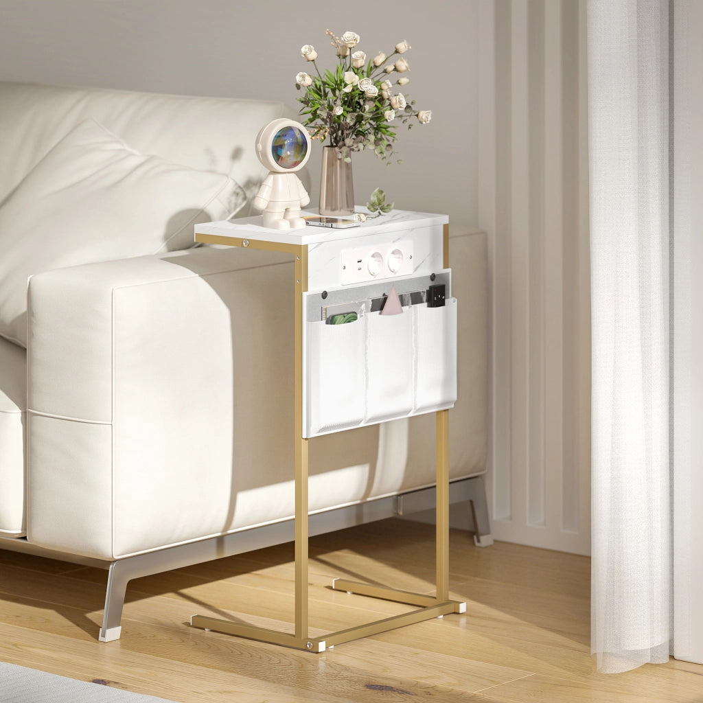 Tavolino da Caff¨¨ con USB e Cassetto ¨C Zephmum ¨C Bianco e Dorato 40x25.5x71 cm
