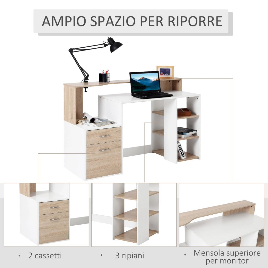 Scrivania per Computer ¨C Xylo ¨C Legno MDF con Ripiani 137x55x92cm Bianco Moderna