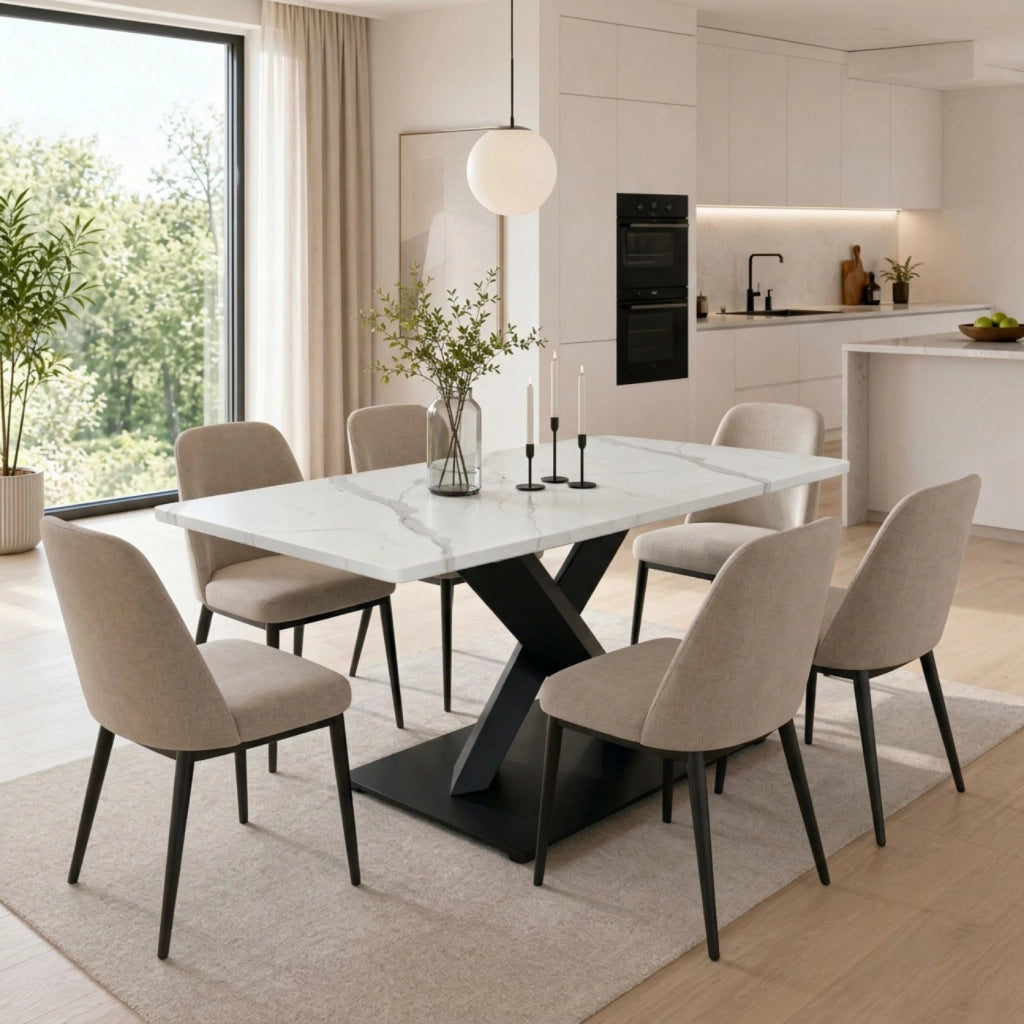 Tavolo da pranzo - rettangolare moderno - base nera a X - MDF bianco marmo - per 6-8 persone