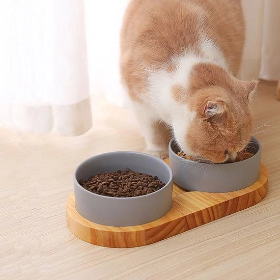 Ciotola per gatti con supporto in legno, ciotola per gatti in ceramica, ciotola per cibo e acqua per gatti e piccoli cani (grigio)