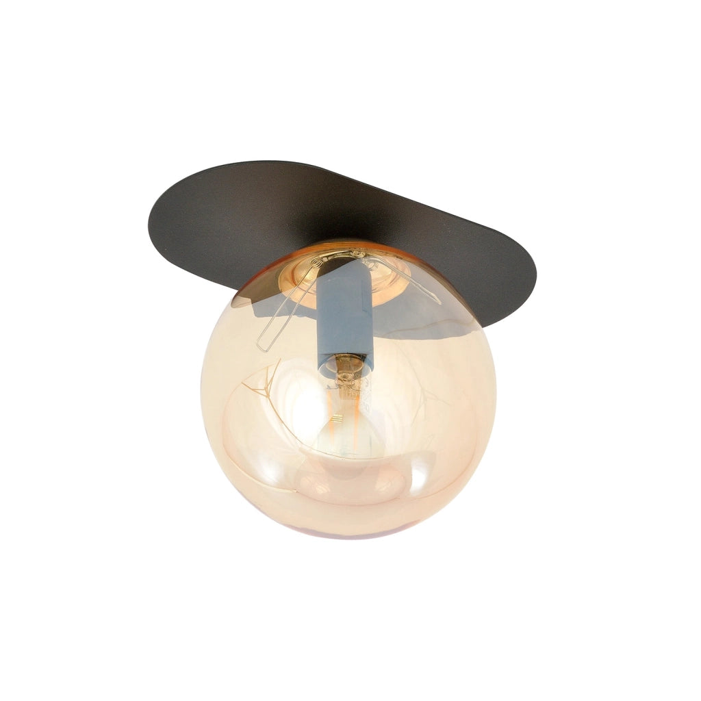 Plafoniera Minimal 1 Luce Teia In Acciaio Nero E Sfera Vetro Ambra