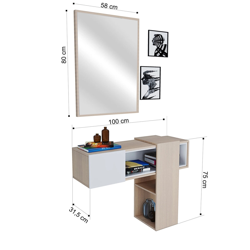Mobile Da Ingresso Con Mensola Sospesa Specchio E Ripiani Scorrevoli Mobiletto Arredo Per Sala 100 X 31.5 X 75 Cm Bianco E Rovere