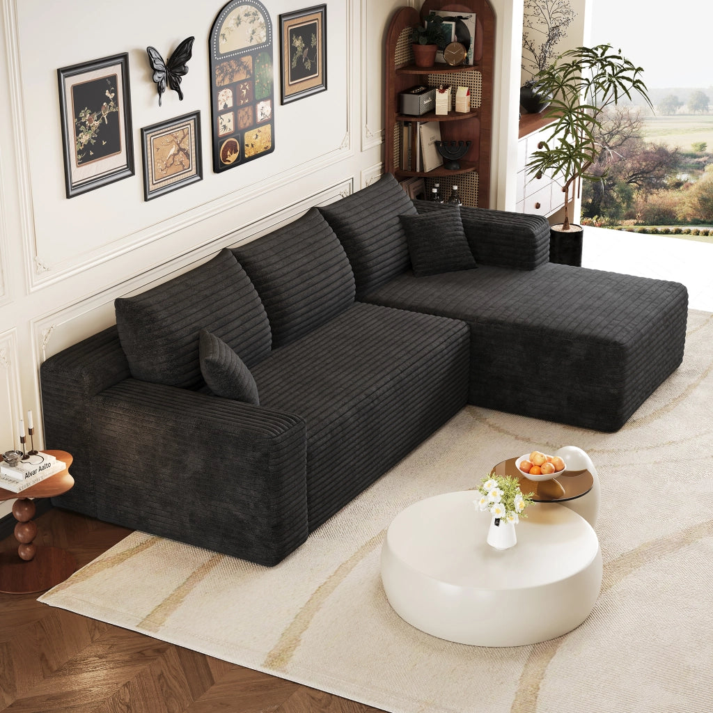 Divano angolare in tessuto a coste con seduta profonda e montaggio rapido per soggiorno nero 241 × 151 × 58 cm