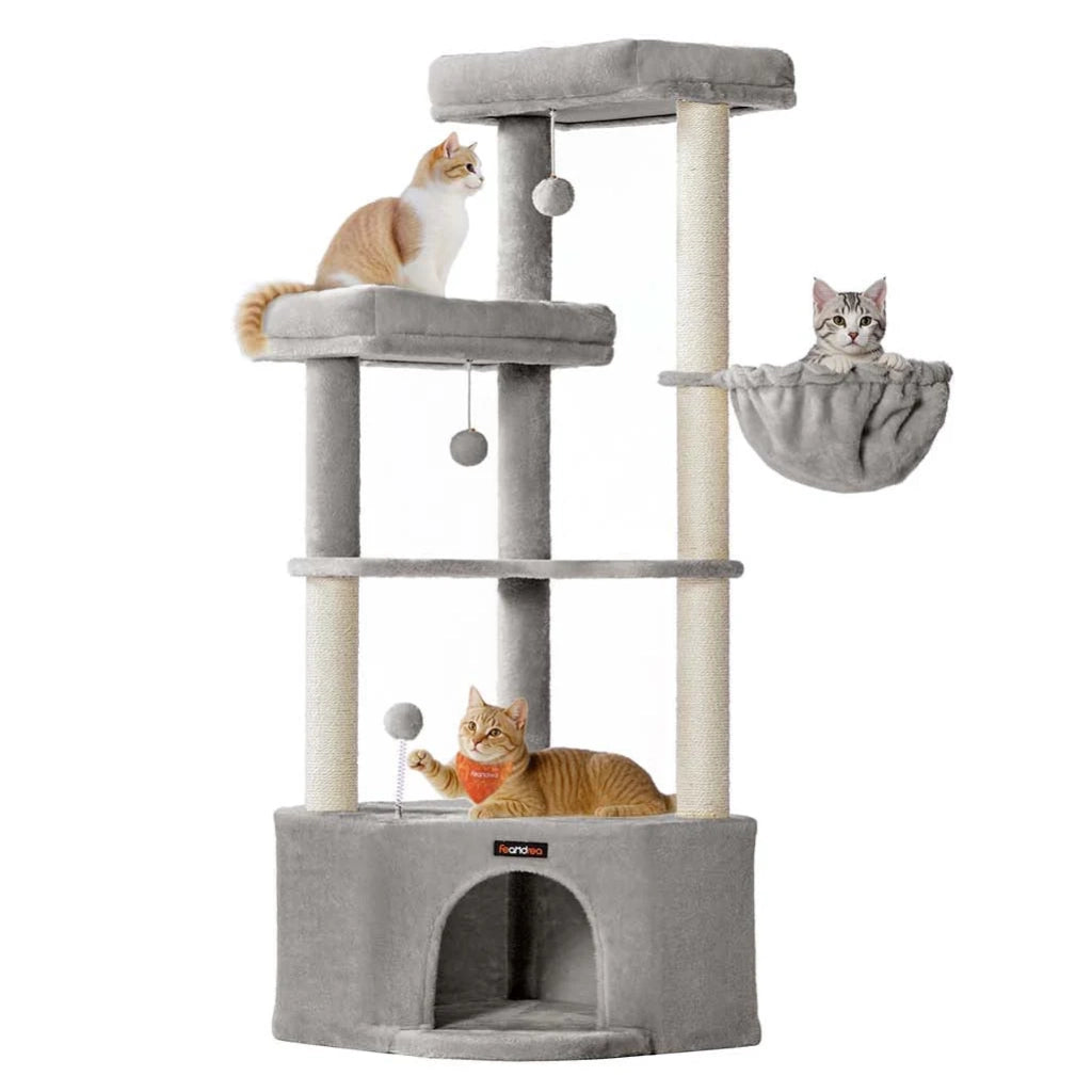 Tiragraffi 48,5 x 48,5 x 140,7 cm torre gioco per gatti con grotta per gatti grandi piattaforme palline di peluche amaca grigio 12_0008010