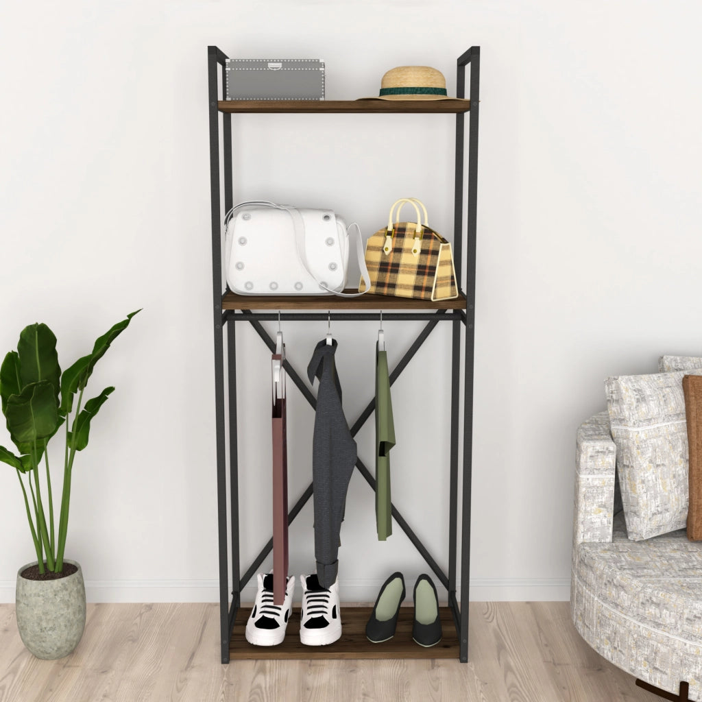 Stand Appendiabiti 'Ulstein' Organizzatore Guardaroba con Barra Variabile e 3 Ripiani - Effetto Rovere Antico [en.casa]