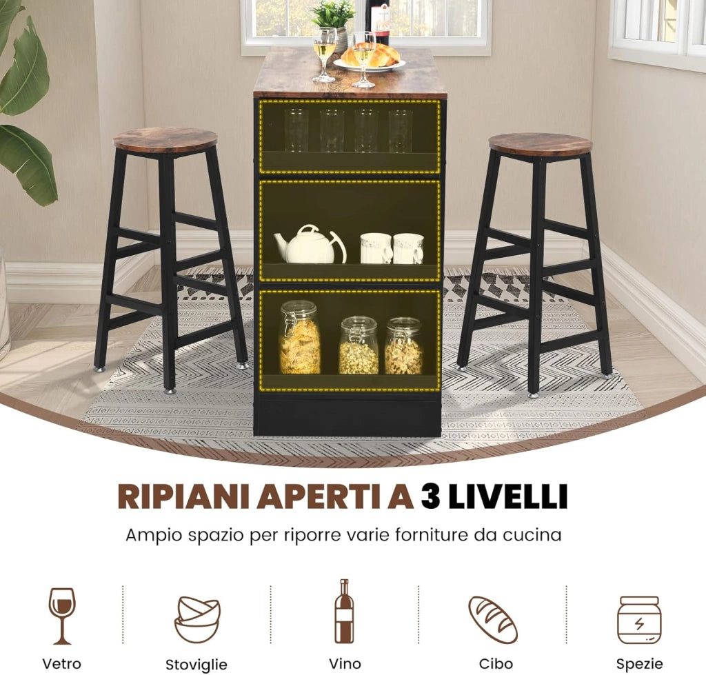 Set di Tavolo e 2 Sgabelli da Bar, Tavolo da Pranzo e Colazione a 3 Ripiani con Set di 2 Sgabelli, Tavolo e Sedie Struttura in Legno e Metallo, per Sala da Pranzo e Cucina, Marrone Rustico