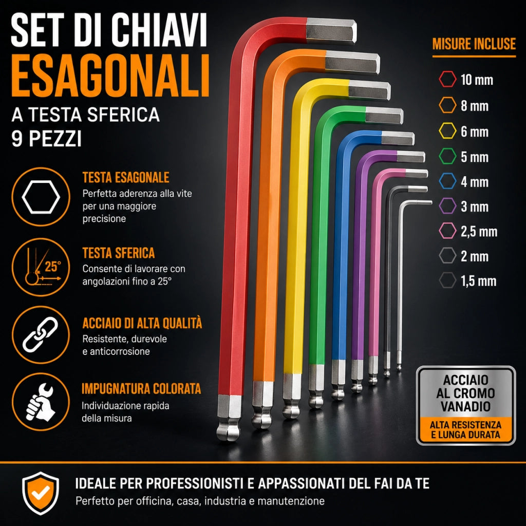 Set 9 Chiavi Brugola Esagonali Extra Lunghe Da 90 a 225mm A Sfera Colorate CR-V