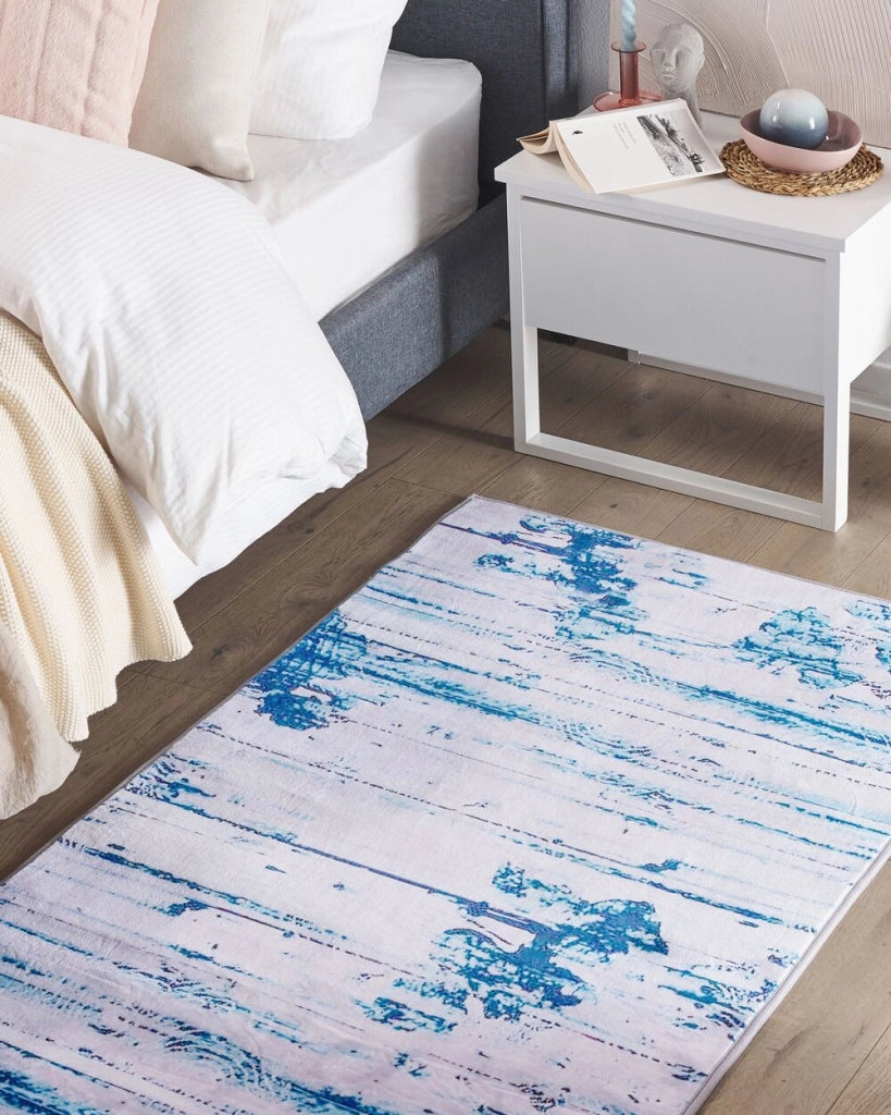 Tappeto tappetino Moquette Tessuto in poliestere beige e blu Motivo astratto invecchiato Fondo rivestito in gomma 80 x 150 cm