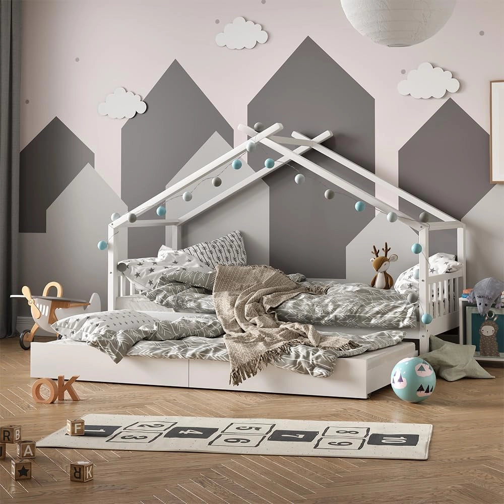 Letto montessori bambini Design, Bianco, 90x200 cm con letto per ospiti e 2 materassi, con sponda anticaduta e rete a doghe per un sonno sicuro
