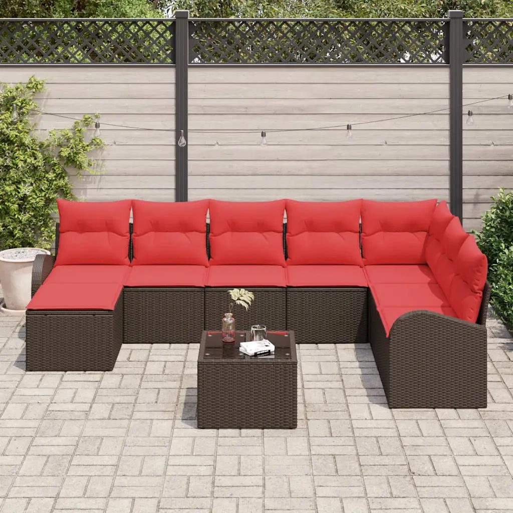 Set Divano da Giardino 9 pcs Marrone Rattan in Polipropilene