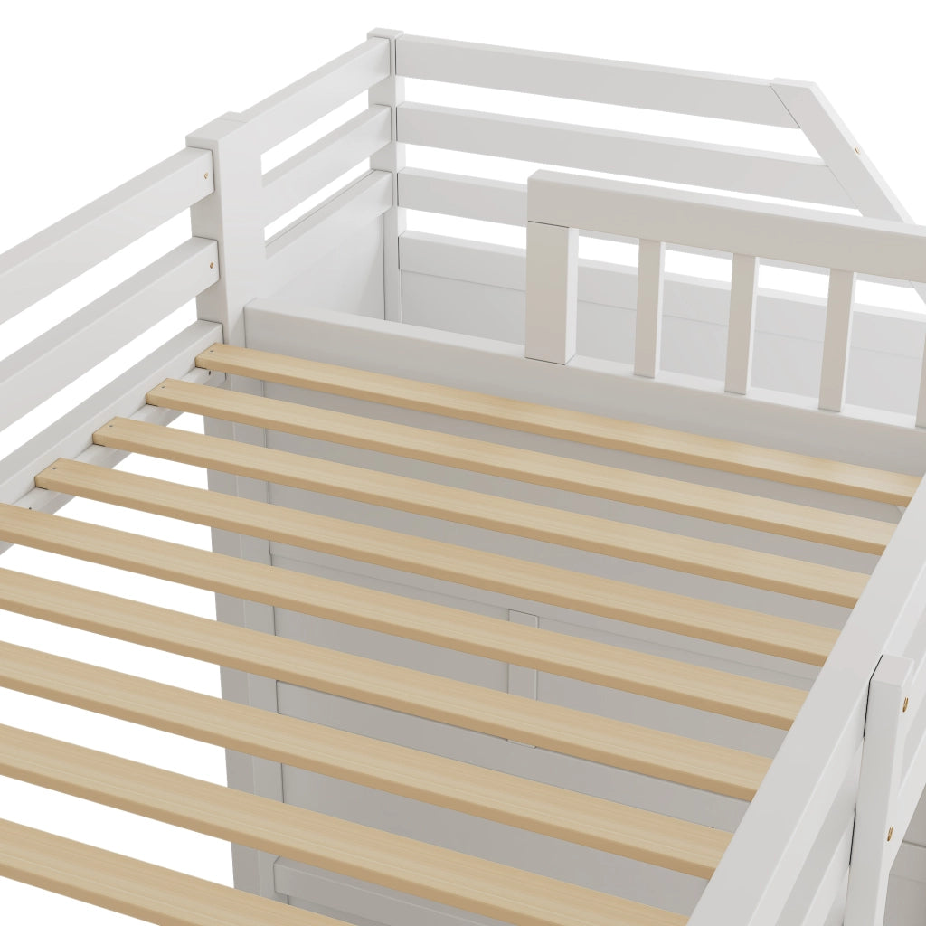Letto a soppalco per bambini 90 × 200 cm con barriera, scaletta contenitore, senza materasso, bianco, pino
