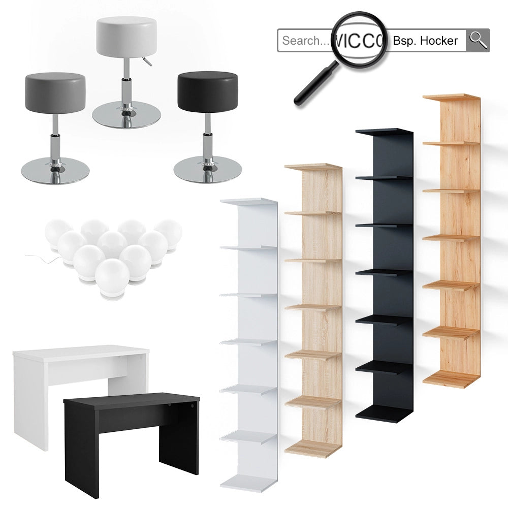 Vicco Tavolo da toeletta Bianco/Sonoma 36 cm con illuminazione LED e sgabello