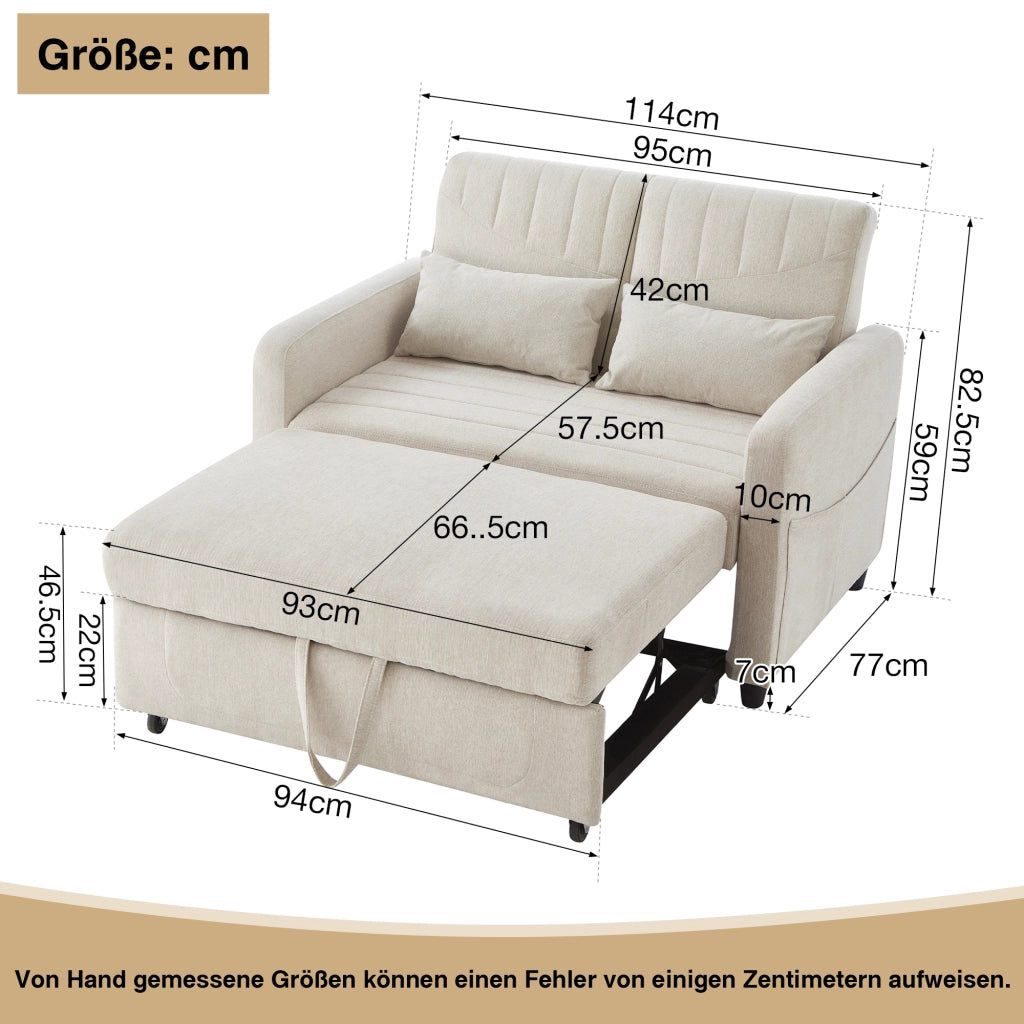 Divano Letto 2 Posti Estraibile con Schienale Regolabile 3 Posizioni e Cuscini Design Salvaspazio Struttura Legno Metallo in Tessuto Beige
