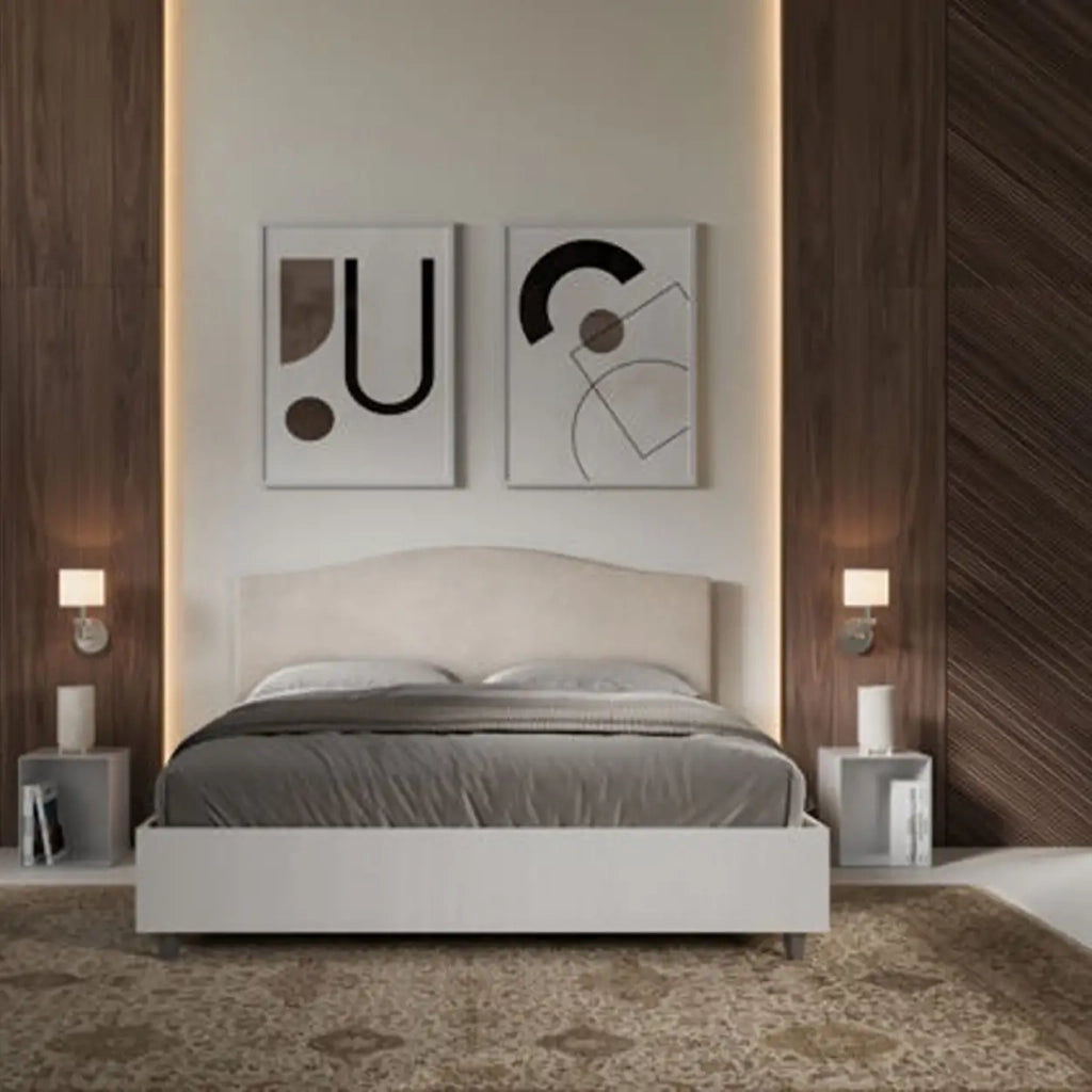 Letto matrimoniale contenitore 160x200 bianco frassino testata microfibra sabbia Grace