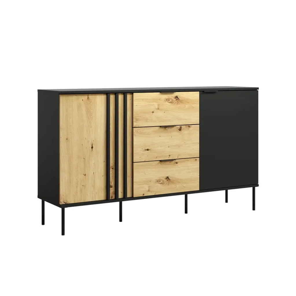 Buffet design IZO – 2 porte & 3 cassetti – Nero onice & Rovere chiaro – 165x92x40 cm