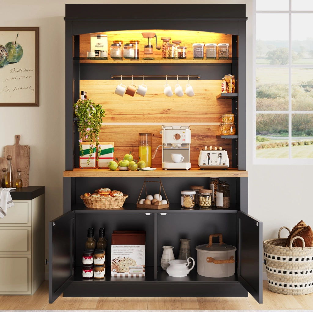 Mobile cucina alto 107x43x184 cm con LED, ripiani aperti e anta nera