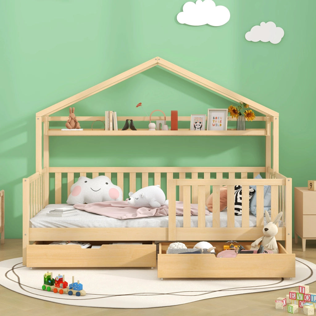 Letto Casetta Singolo 90x200 cm; con Cassetti; Mensola e Sponda in Legno Naturale