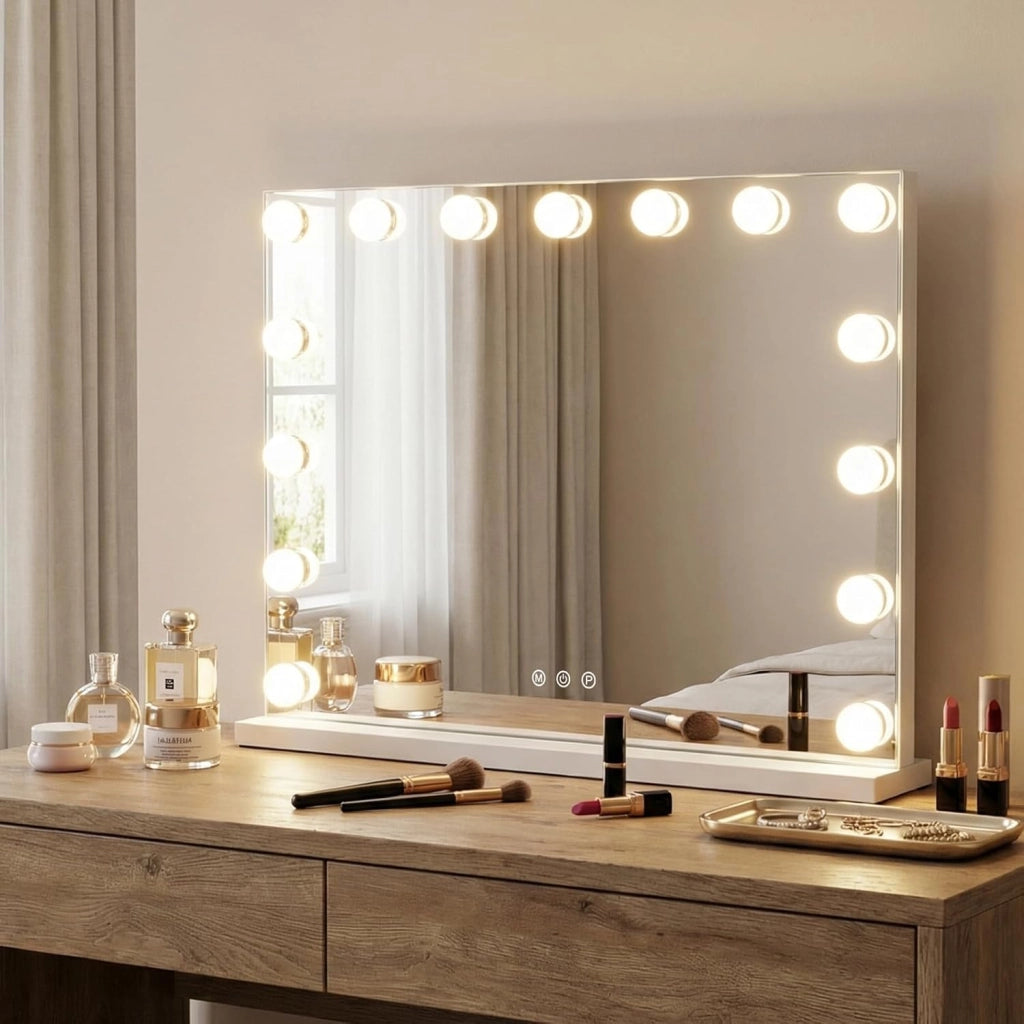 Specchio da Trucco Hollywood con Luci, 58x43cm, Specchio Illuminato da Tavolo con 3 Colori e Luminosità Regolabile, Controllo Tattile per Camera da Letto e Camerino