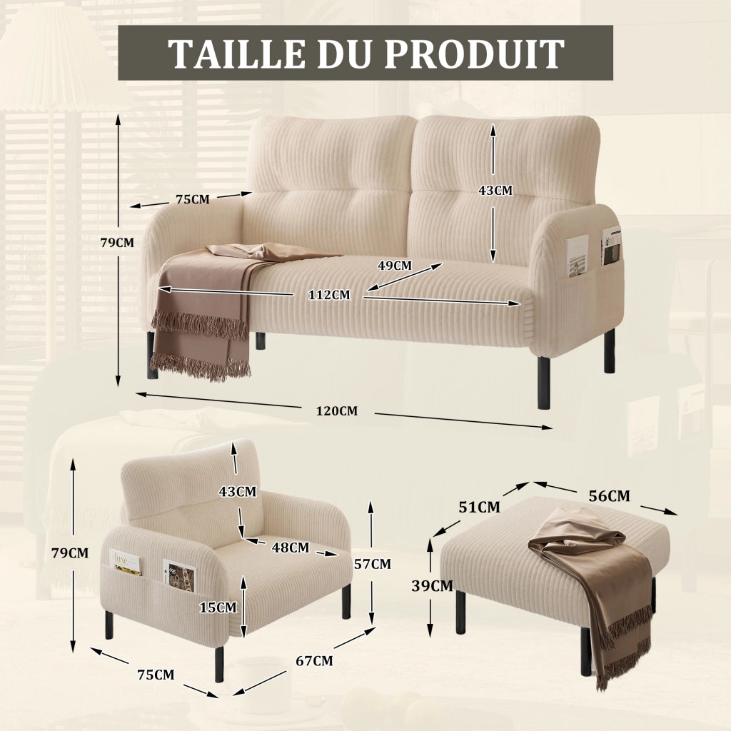 Divano con Poltrona e Poggiapiedi Modulare con Tasca Laterale e Seduta Profonda in Velluto a Coste Beige
