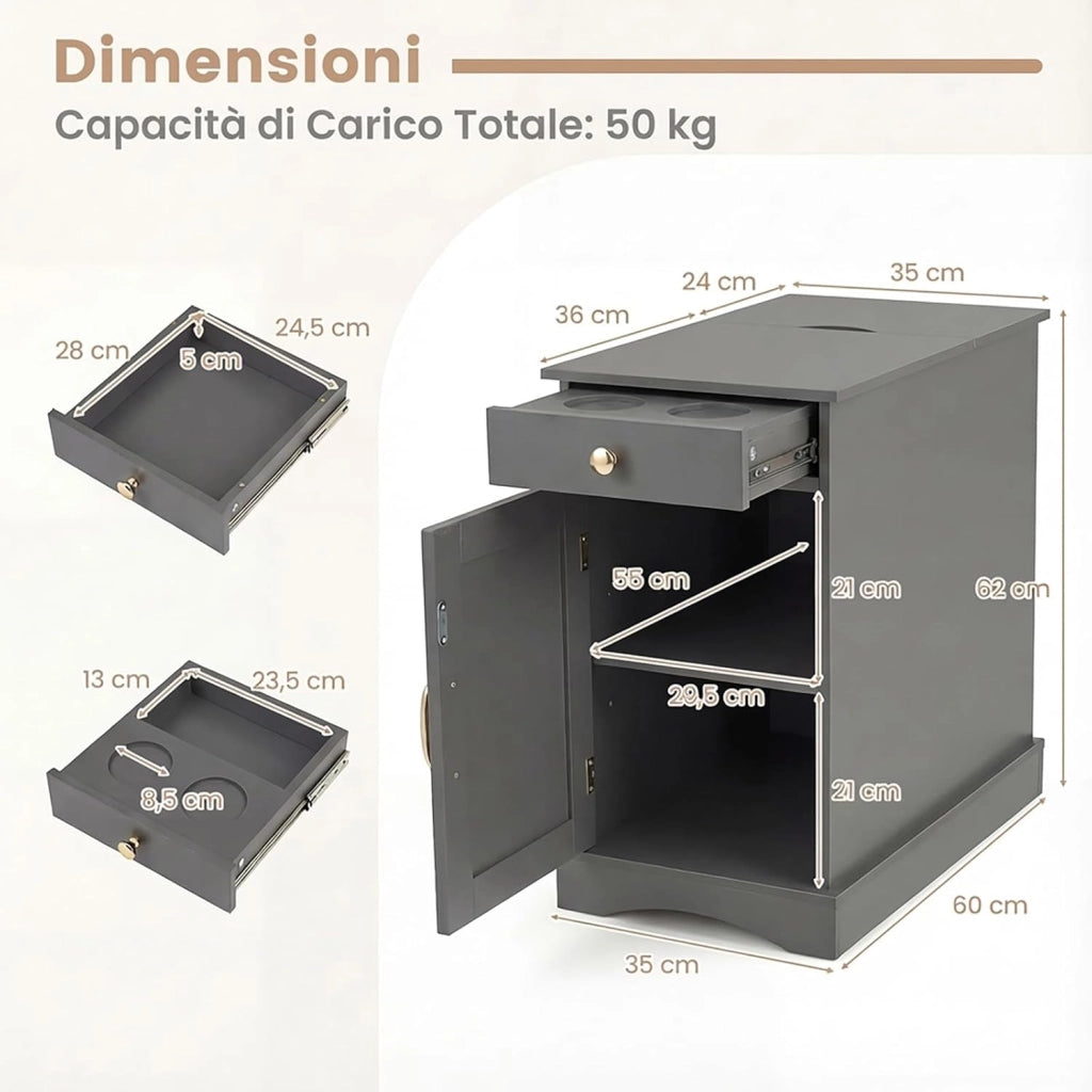 Tavolino da Salotto con Stazione di Ricarica, Cassetto, Armadietto e Ripiano Regolabile, Tavolino in Legno per Soggiorno, Camera da Letto e Spazi Piccoli (Grigio)
