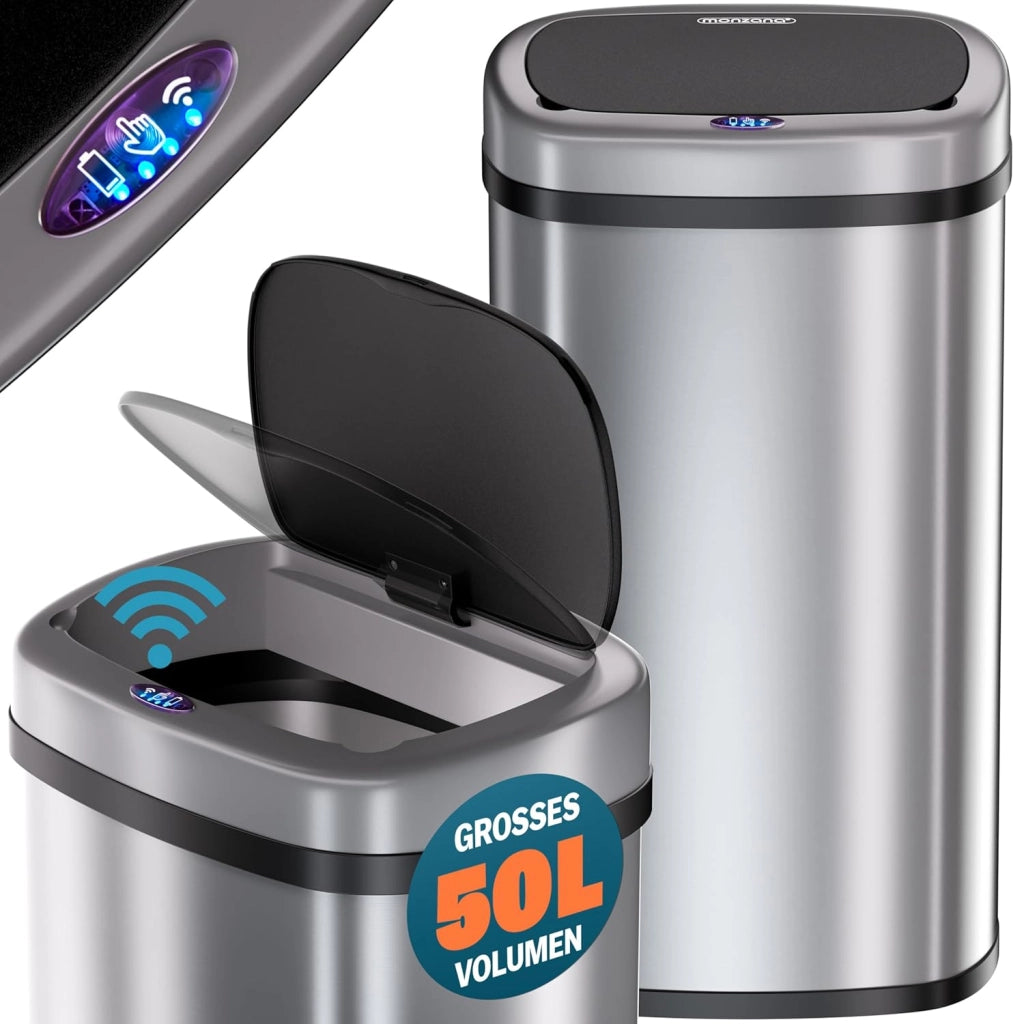 ® Cestino per Rifiuti con Sensore 50L in Acciaio Inox Pattumiera con Fissaggio Coperchio incl. Cavo USB Secchio Display LED