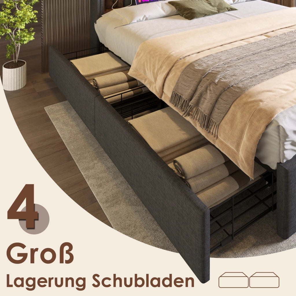LETTO 160x200 cm in lino grigio con ricarica wireless, USB e 4 cassetti