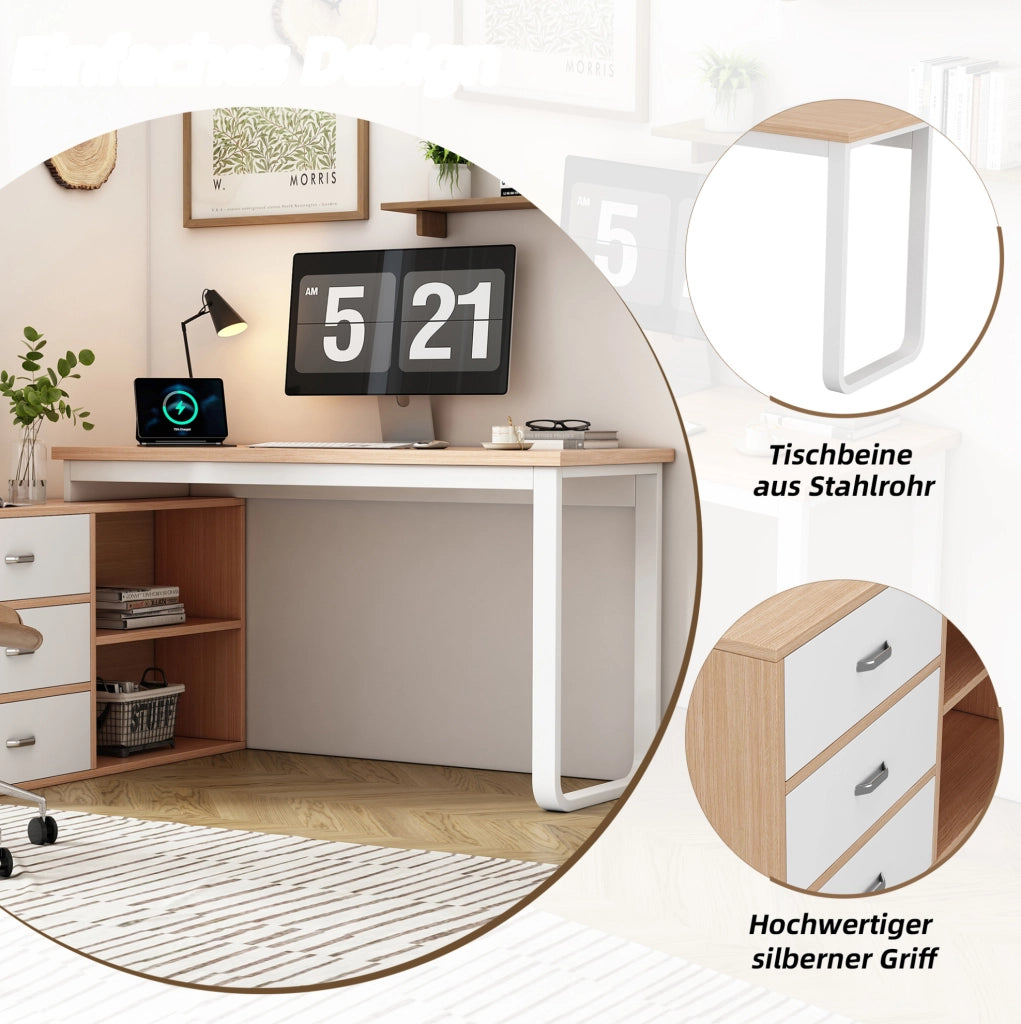 Scrivania moderna con cassetti e vani aperti, finitura naturale e bianco
