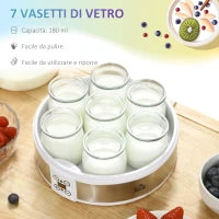 Yogurtiera 20W da 1.5L con 7 Vasetti e Display a Pulsanti, in Acciaio Inox e Plastica, 24x24x13 cm, Bianca