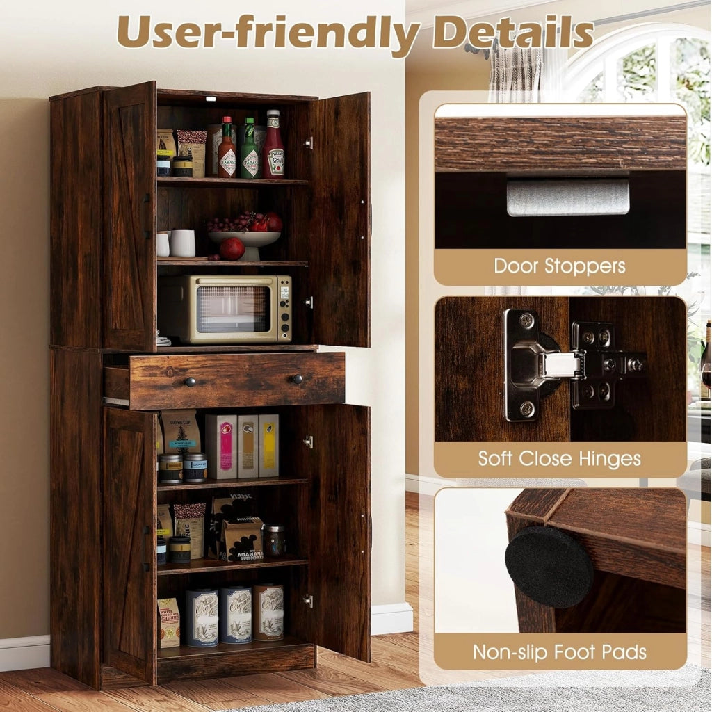 Armadio alto da cucina con 4 ante e 1 cassetto, dispensa in legno con ripiani regolabili, 77 x 39 x 183 cm, mobile per soggiorno, sala da pranzo, bagno (marrone)