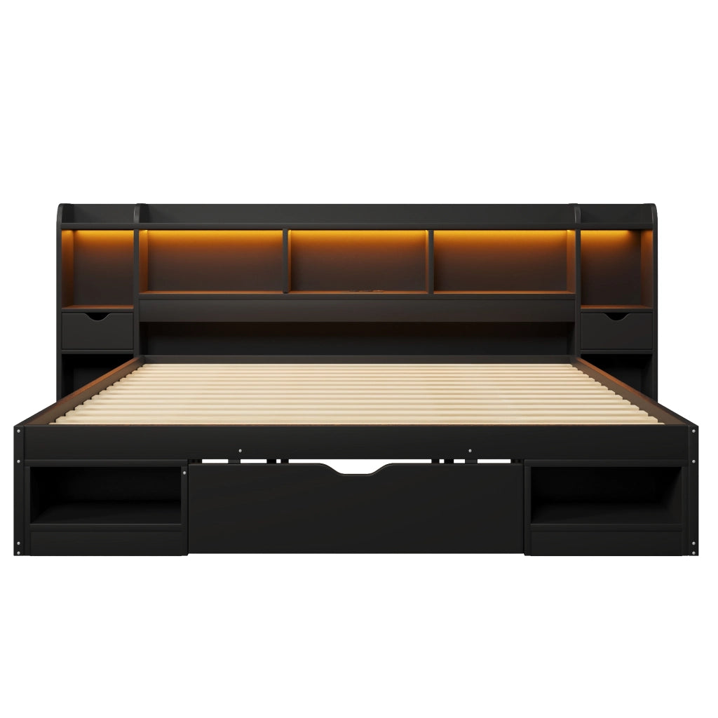 Letto contenitore 180x200 cm nero con testiera a scaffale; cassetti; LED e porta USB