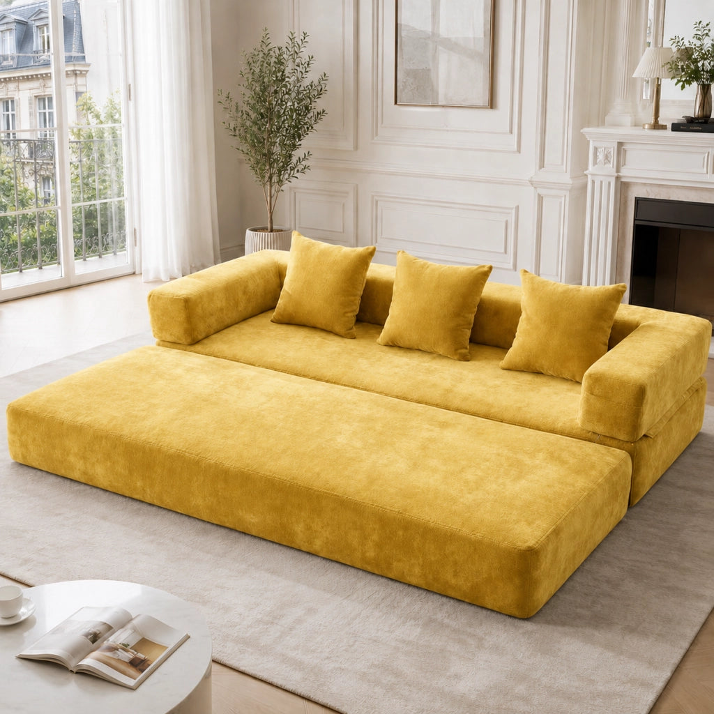 Divano modulare in ciniglia giallo senape con tasche laterali e base antiscivolo