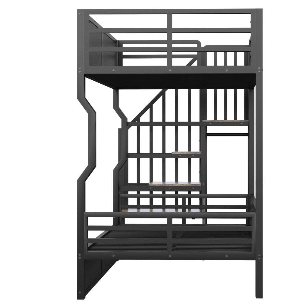 Letto in ferro 90 × 200 cm nero spazio di stoccaggio armadio a scala LED corrimano alto letto a castello giovanile