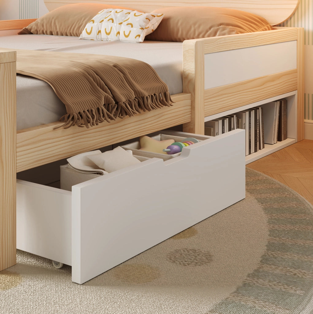 Letto singolo 90x200 cm con testiera a forma di gatto; LED RGB; cassetto e vano portaoggetti; bianco e rovere