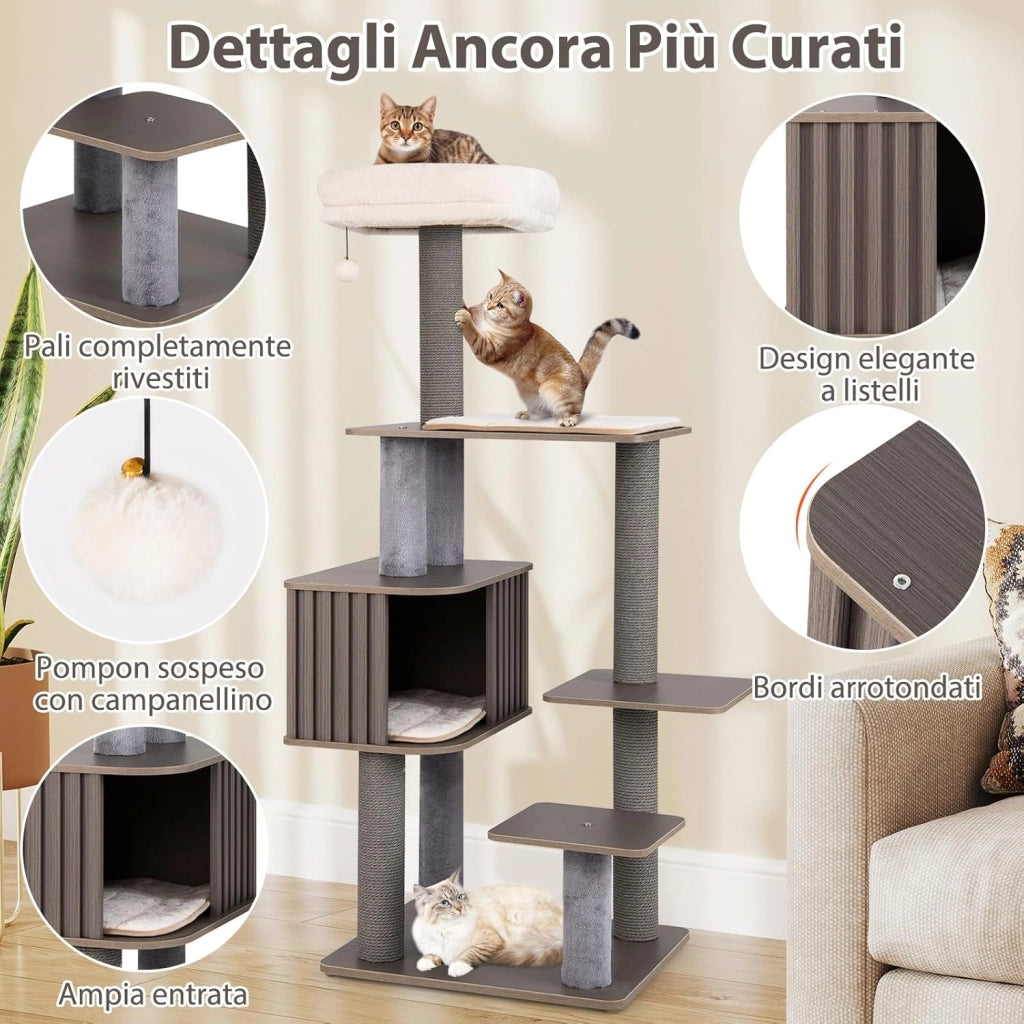 Albero per Gatti a 6 Livelli, Torre per Gatti Alta 151 cm con Condominio, Tappetini Removibili e Tiragraffi, Albero Tiragraffi per Arrampicata per Gattini in Legno con Palla Pompom Appesa