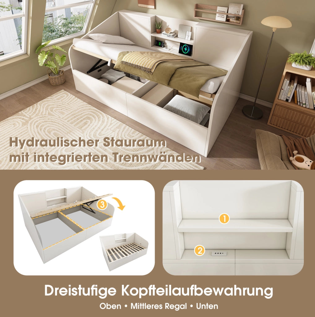 Letto singolo contenitore idraulico 90x200 cm bianco con USB-C